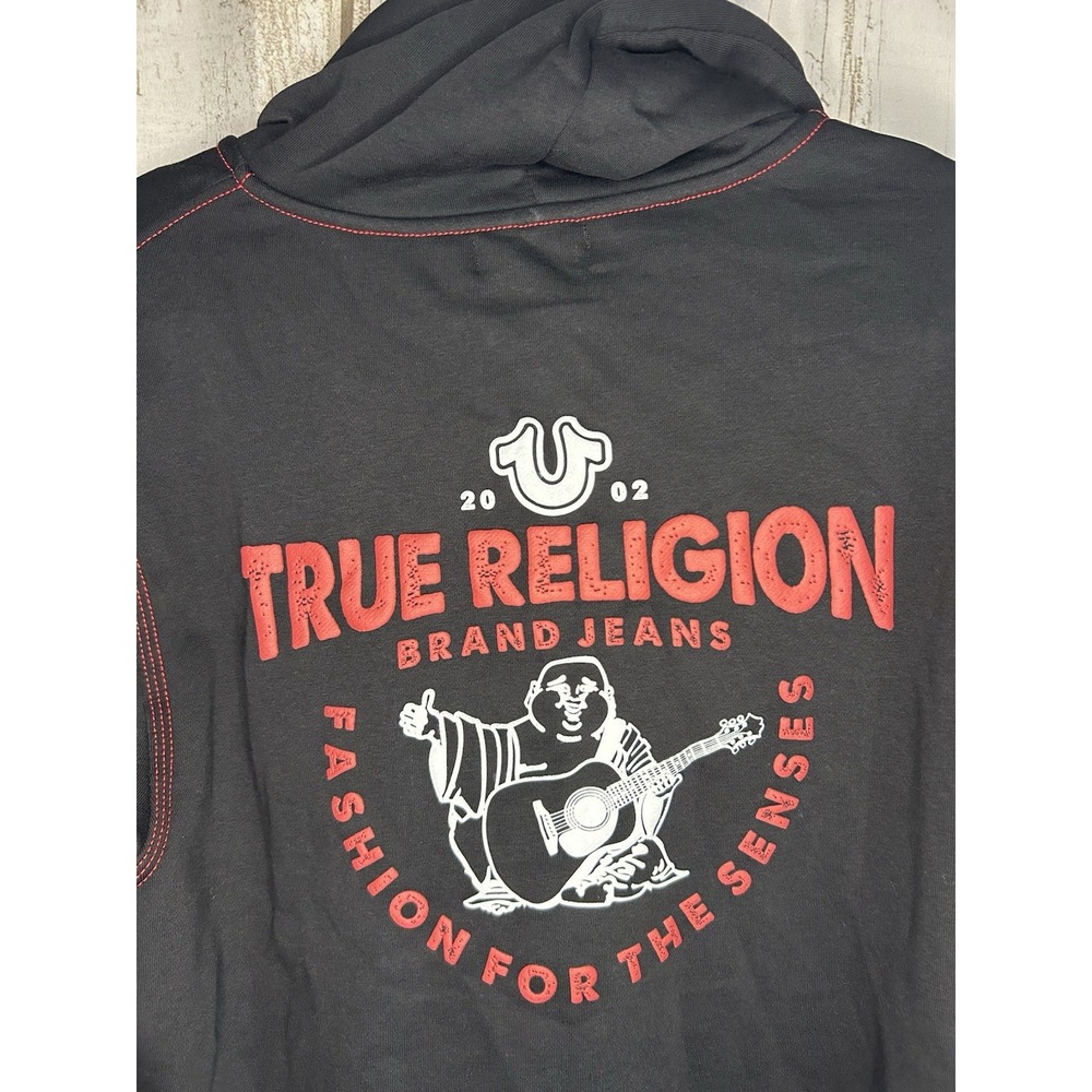 NWT True Religion Full Buddha Zip Hoodie Triple Stitch Black Red Thread Sz L - Picture 1 of 5